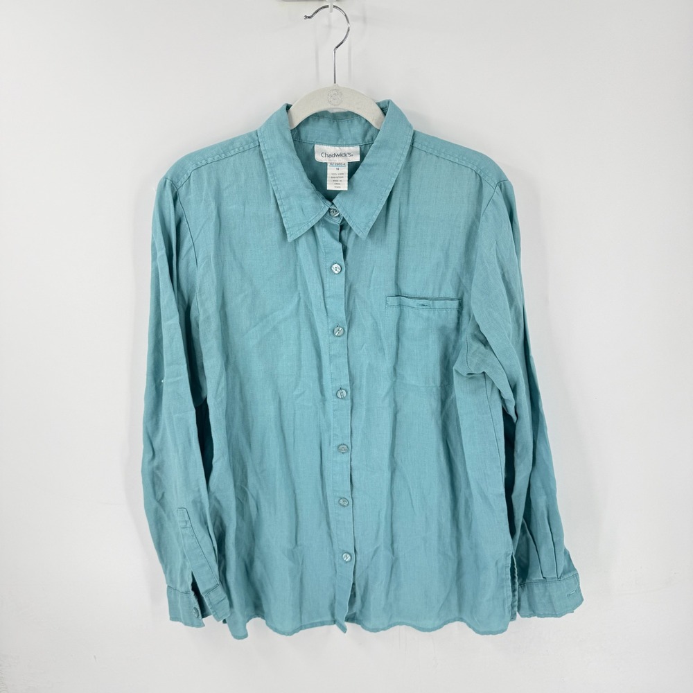 Vintage 100% Linen Button Down‎ Teal 14 Coastal Grandmother Breathable Breezy